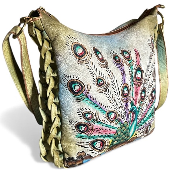 Magnifique Hand Painted Peacock Leather Crossbody Bag with Side Braid Accent - Picture 2 of 13